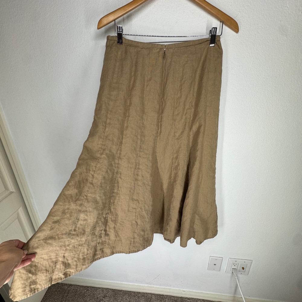 Talbots Irish Linen Skirt Womens 12 Tan Khaki Paneled A-Line Midi Back Zip 100%